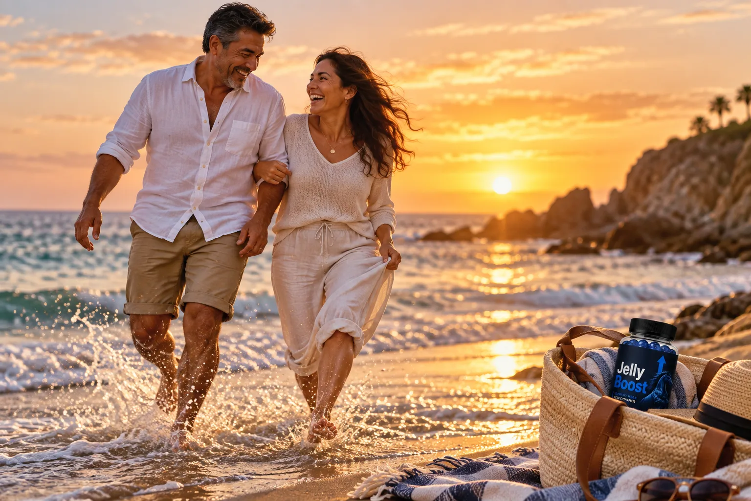 Active couple walking on the beach at sunset, representing everyday male vitality support with JellyBoost®