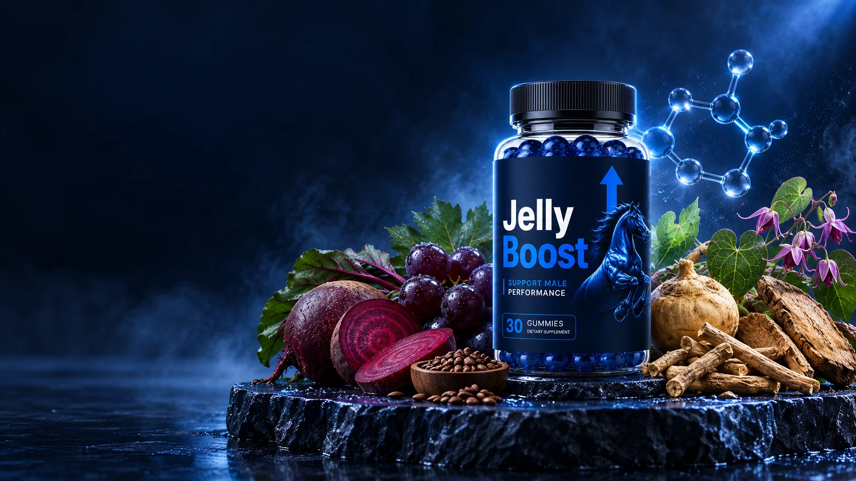 JellyBoost® bottle with its natural ingredients: beet root, grape seed, tongkat ali, horny goat weed and more