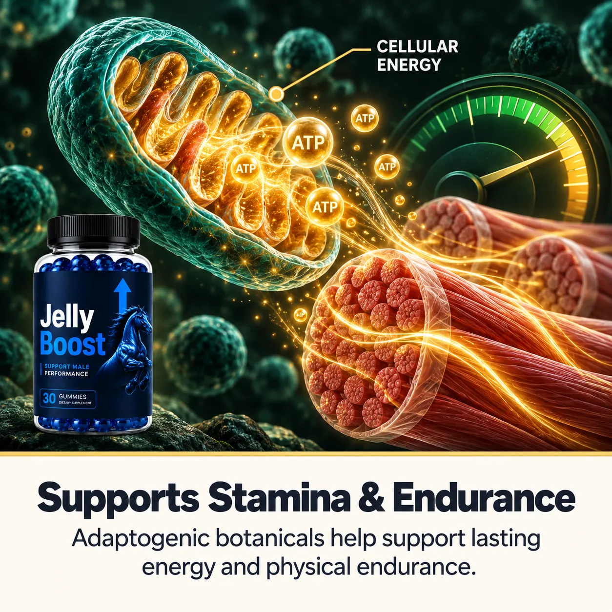 Illustration of male vitality and hormone pathway supported by JellyBoost®
